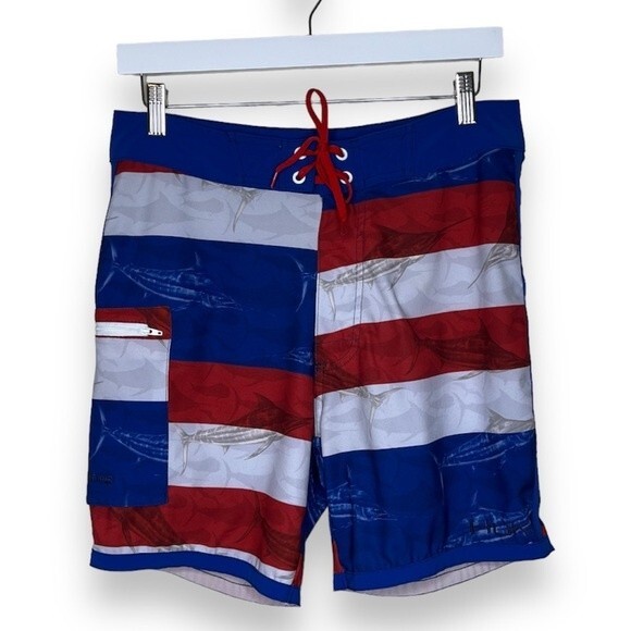 Huk Performance Fishing KC Scott Blue Marlin Board Shorts Flag Patriotic Men 30 - Picture 1 of 14